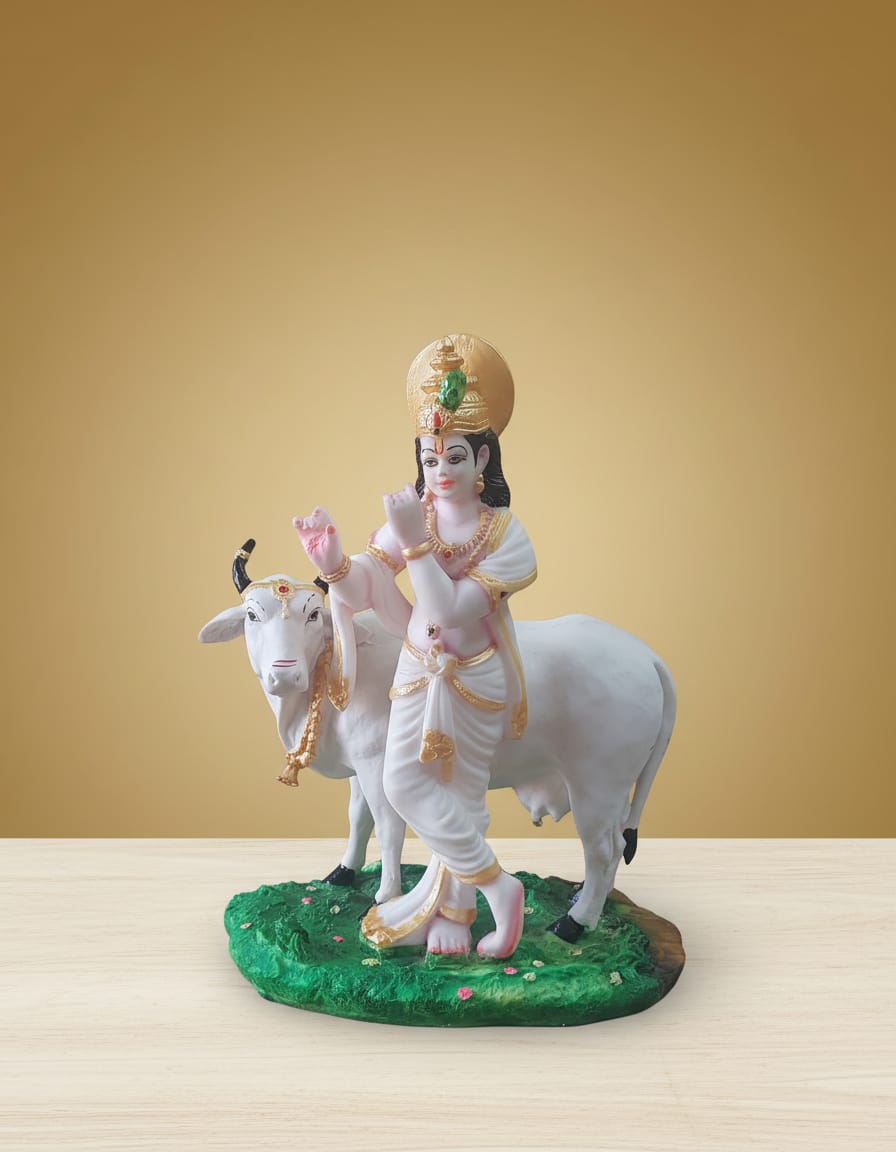 Divine Krishna with Cow Idol - Flute Playing White Krishna Murti