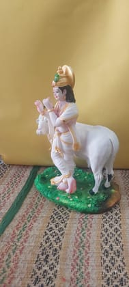 Divine Krishna with Cow Idol - Flute Playing White Krishna Murti
