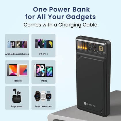  Portronics Luxcell C 10K 10000 mAh 22.5W Fast Charging Power Bank, Ultra Slim Power Bank with Mach USB-A Output, Type C PD Output, Type C Input, LED Indicator, Wake Up Button (Black) 