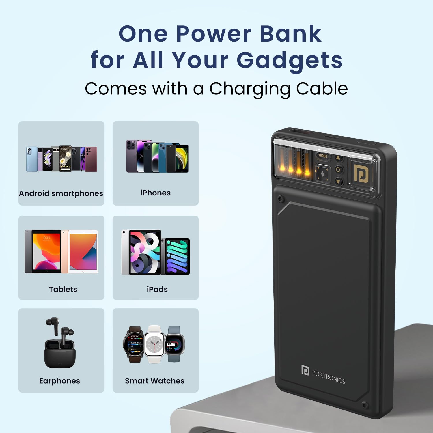  Portronics Luxcell C 10K 10000 mAh 22.5W Fast Charging Power Bank, Ultra Slim Power Bank with Mach USB-A Output, Type C PD Output, Type C Input, LED Indicator, Wake Up Button (Black) 