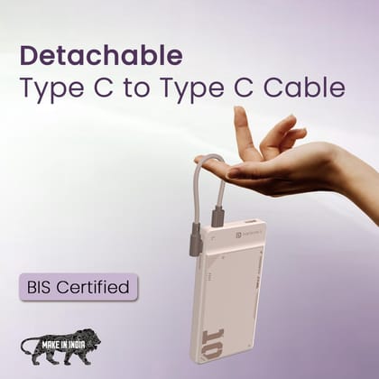  Portronics Luxcell Uno 10K 10000 mAh 22.5W Fast Charging Power Bank with Detachable Type C Cable, Ultra Slim Power Bank with Mach USB-A Output, Type C PD Output, Type C Input, Wake Up Button