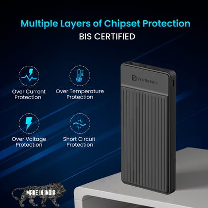  Portronics Luxcell B12 10,000mAh 12W Power Bank, Ultra Slim Power Bank with USB-A Output Port & Dual Input Ports (Micro & Type C) | BIS Certified | Free Type C Cable| Made in India