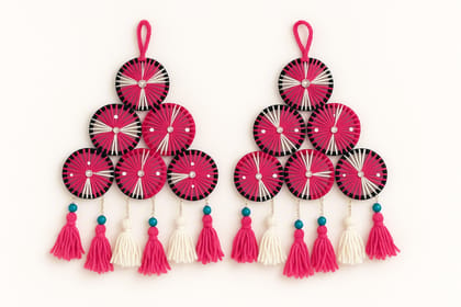 Handmade Pink White Black Wool Thread Mirror Work Wall Hanging Toran
