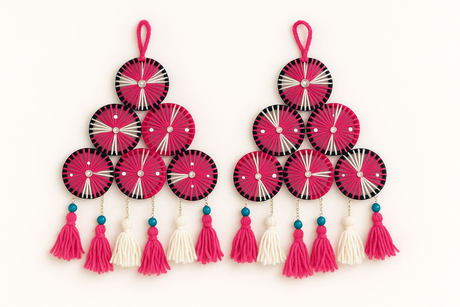 Handmade Pink White Black Wool Thread Mirror Work Wall Hanging Toran