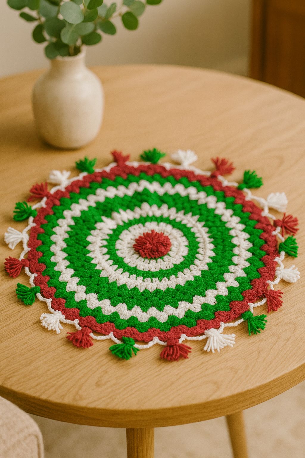 Handmade Wool Crochet Round Doily - Red, Green & White