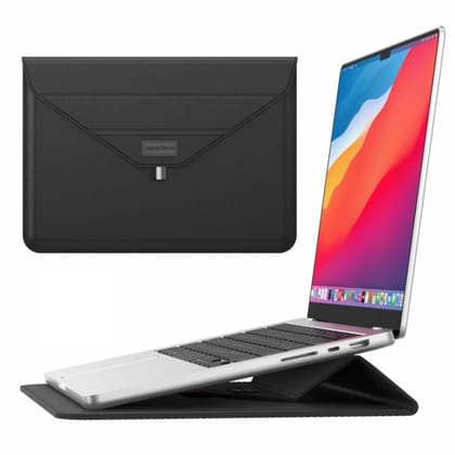 Leather Laptop Sleeve with Case Stand Feature Compatible with MacBook 13 inch 14 inch All Models-Black