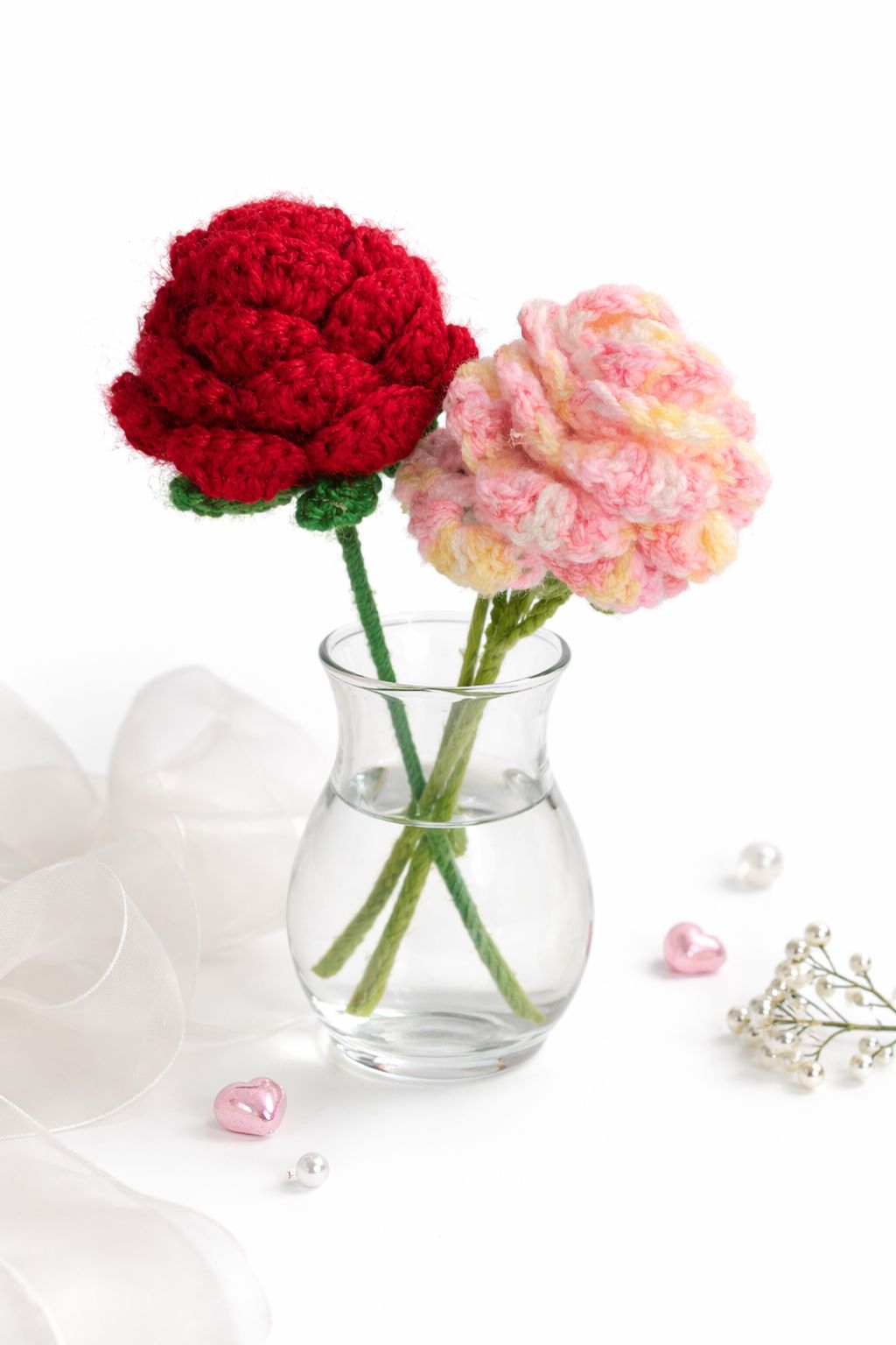 Handmade Knitted Crochet Rose Bouquet in Glass Vase with Ribbon & Pearls