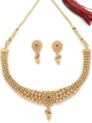 Traditional Gold-Plated Choker Necklace Set with Red Stone Traditional Gold-Plated Choker Necklace Set with Red Stone