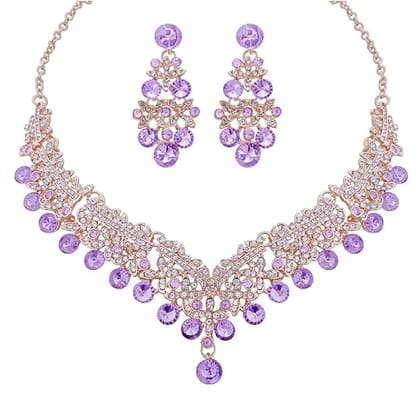 Elegant Gold Plated Purple Rhinestone Necklace & Chandelier Earrings Set