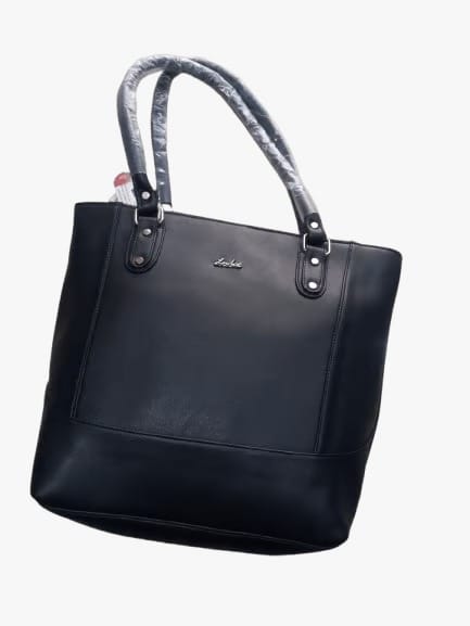 Women's Leather Black Hand Bag with Top Handles and Zip Closure