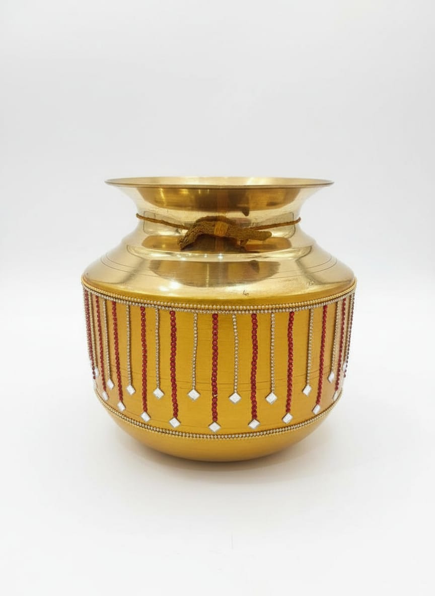 Golden Yellow Brass Pot with Red & Silver Beaded Embellishments