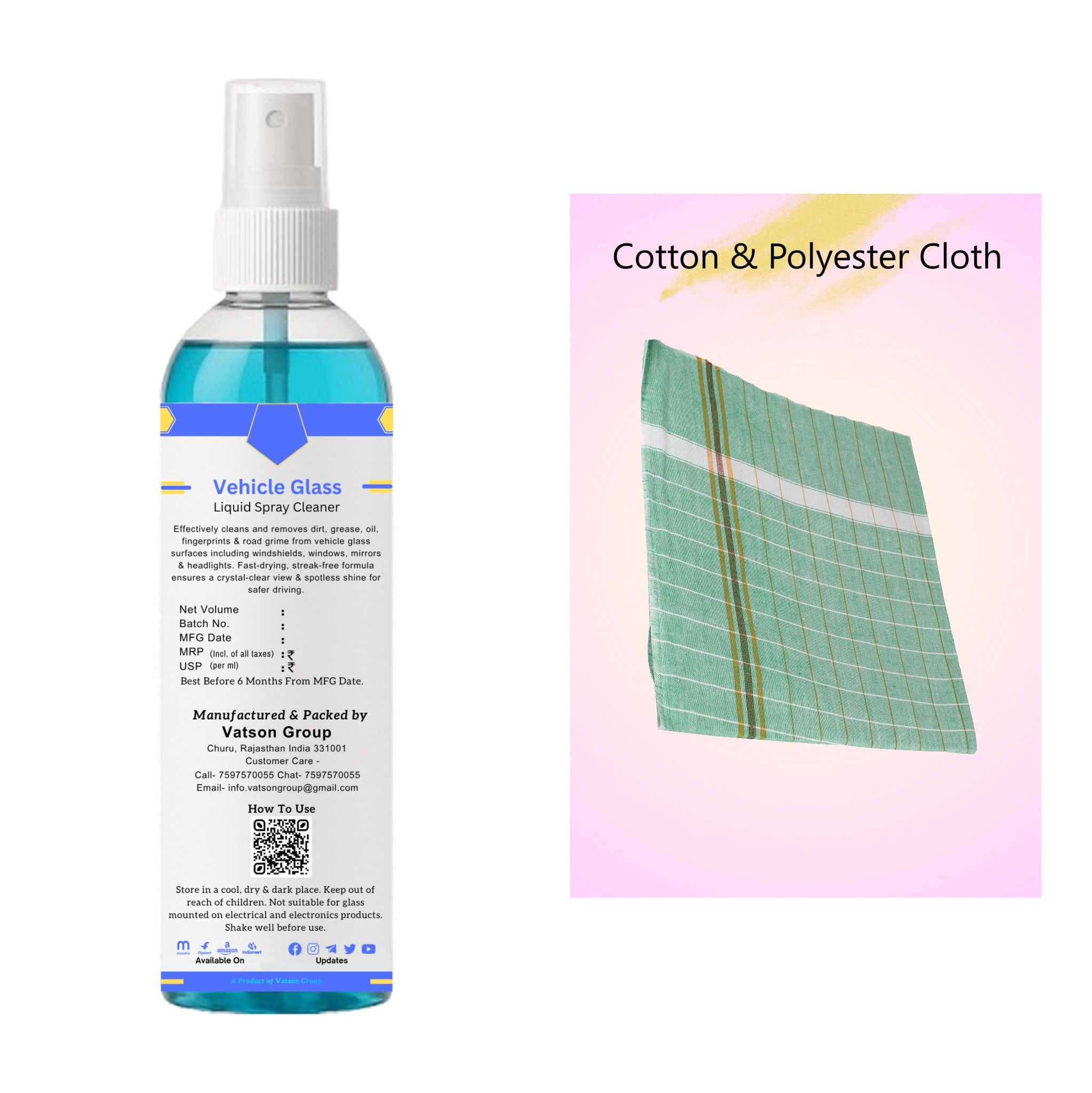 Vehicle Glass Cleaner Spray | Removes Dust, Grease, Fingerprints & Stains | Quick Shine for Vehicle Windshield, Windows Mirrors & Headlight | 100ml with Cloth