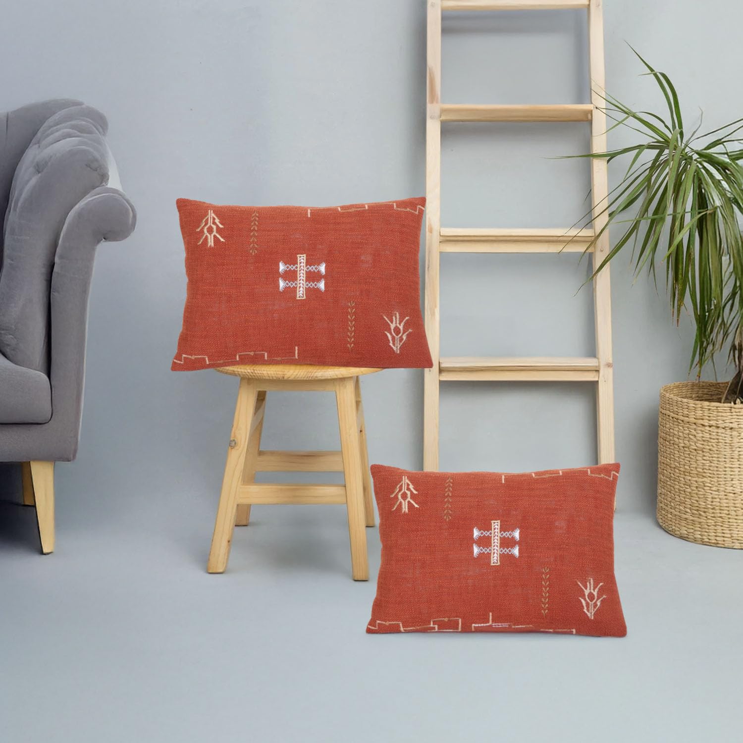 Indihomecraft Brick Red Cushion Cover Hand Woven Cactus Inspired Decorative Boho Cushion Cover for Sofa Couch Swing Chair Living Room & Bedroom 14 x 20 Inches, Set of 2