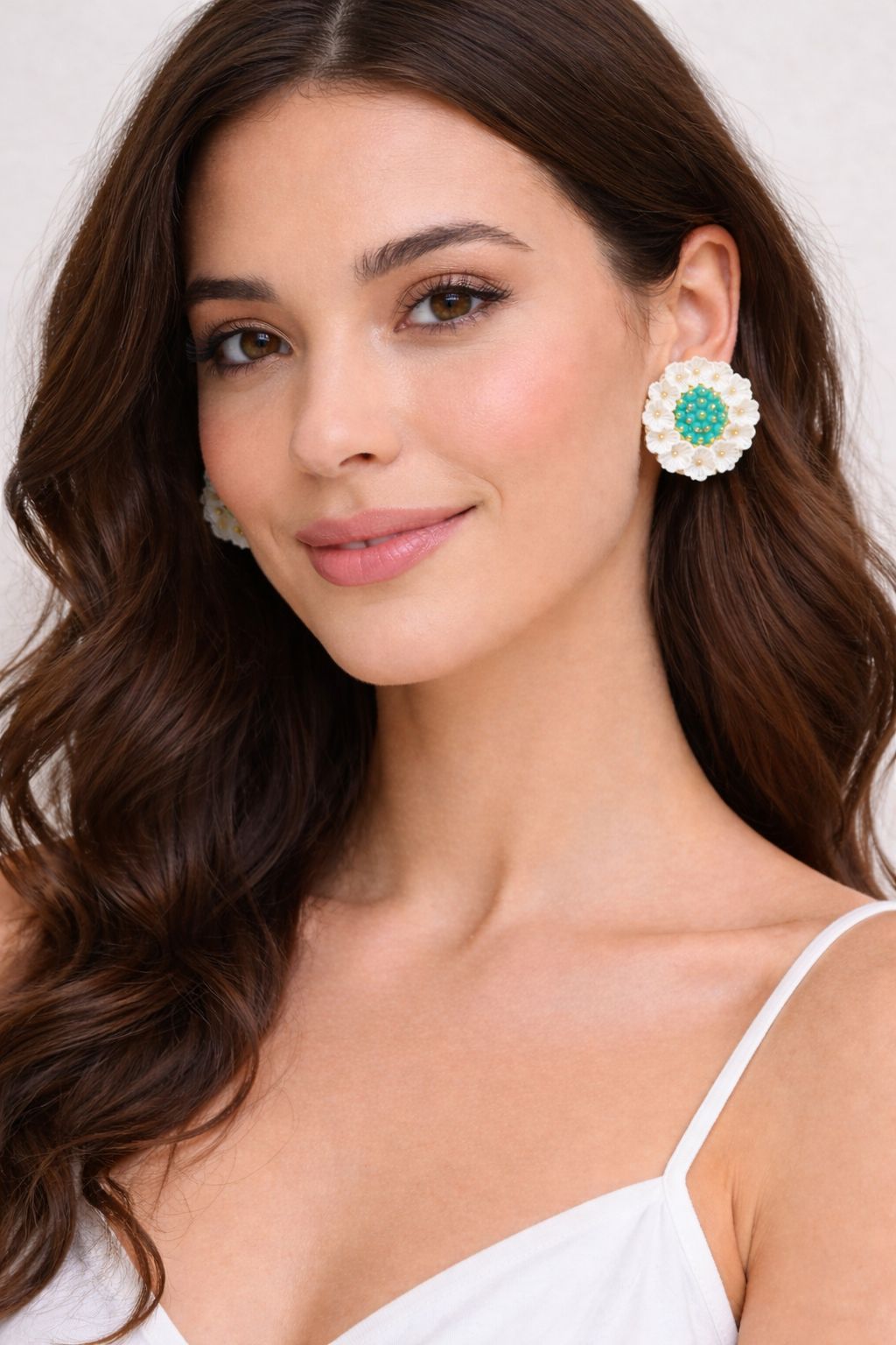 Chic Floral White and Teal Beaded Stud Earrings