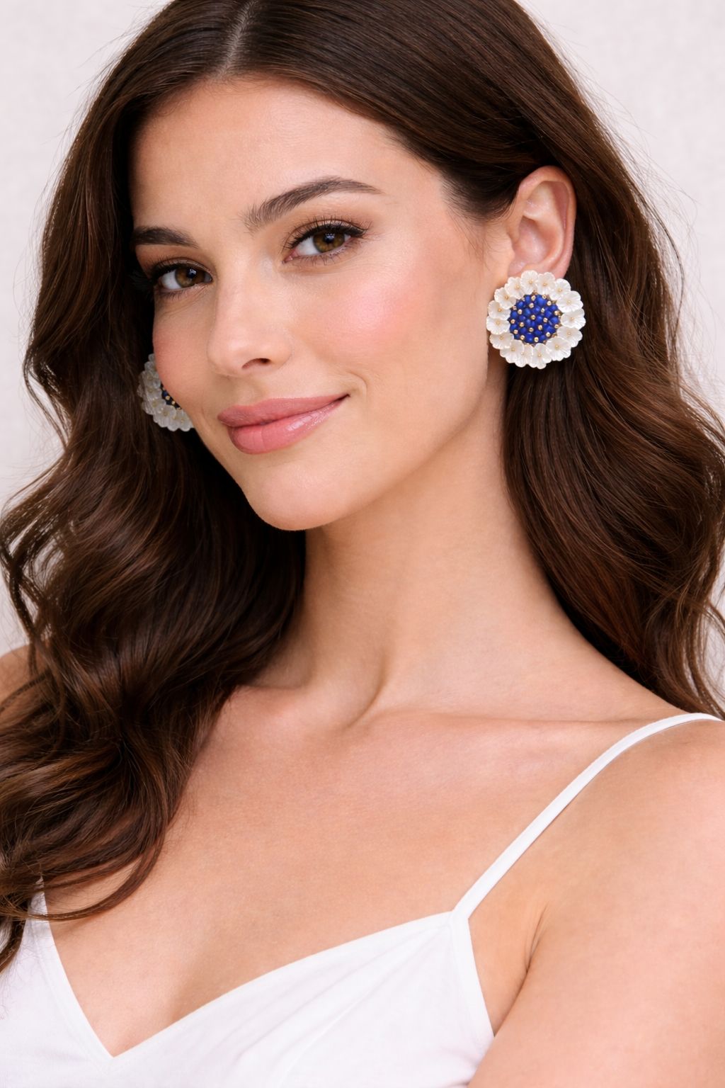 Royal Blue & White Beaded Floral Stud Earrings