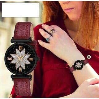 Bolun Black Star Dial Rose Rl Cash Leather Red Belt Analog Women and Girls WatchCvvm446