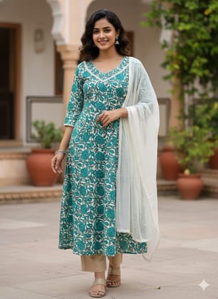 Women's Turquoise & White Printed Cotton Kurta with Trousers & Dupatta