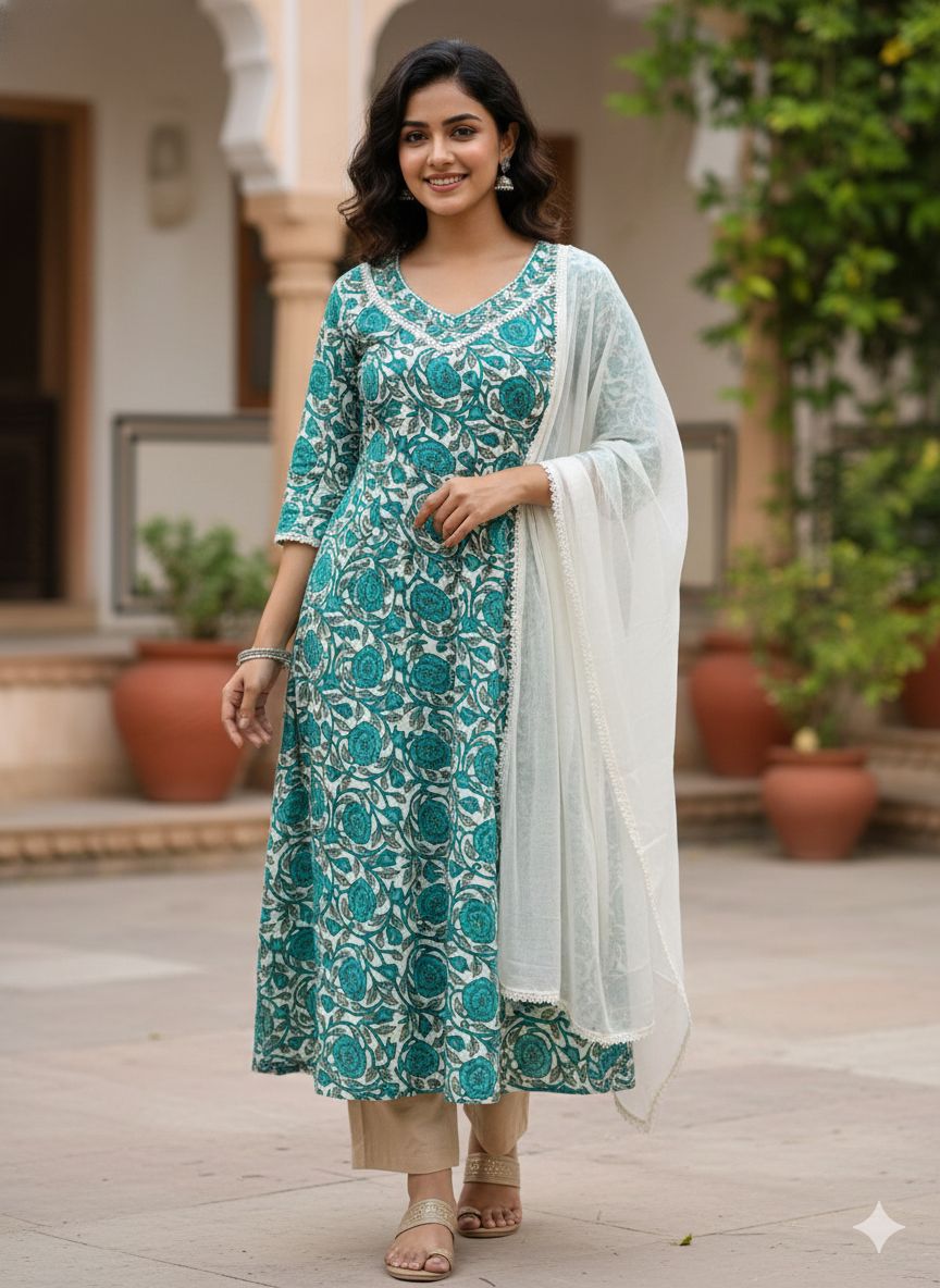 Women's Turquoise & White Printed Cotton Kurta with Trousers & Dupatta
