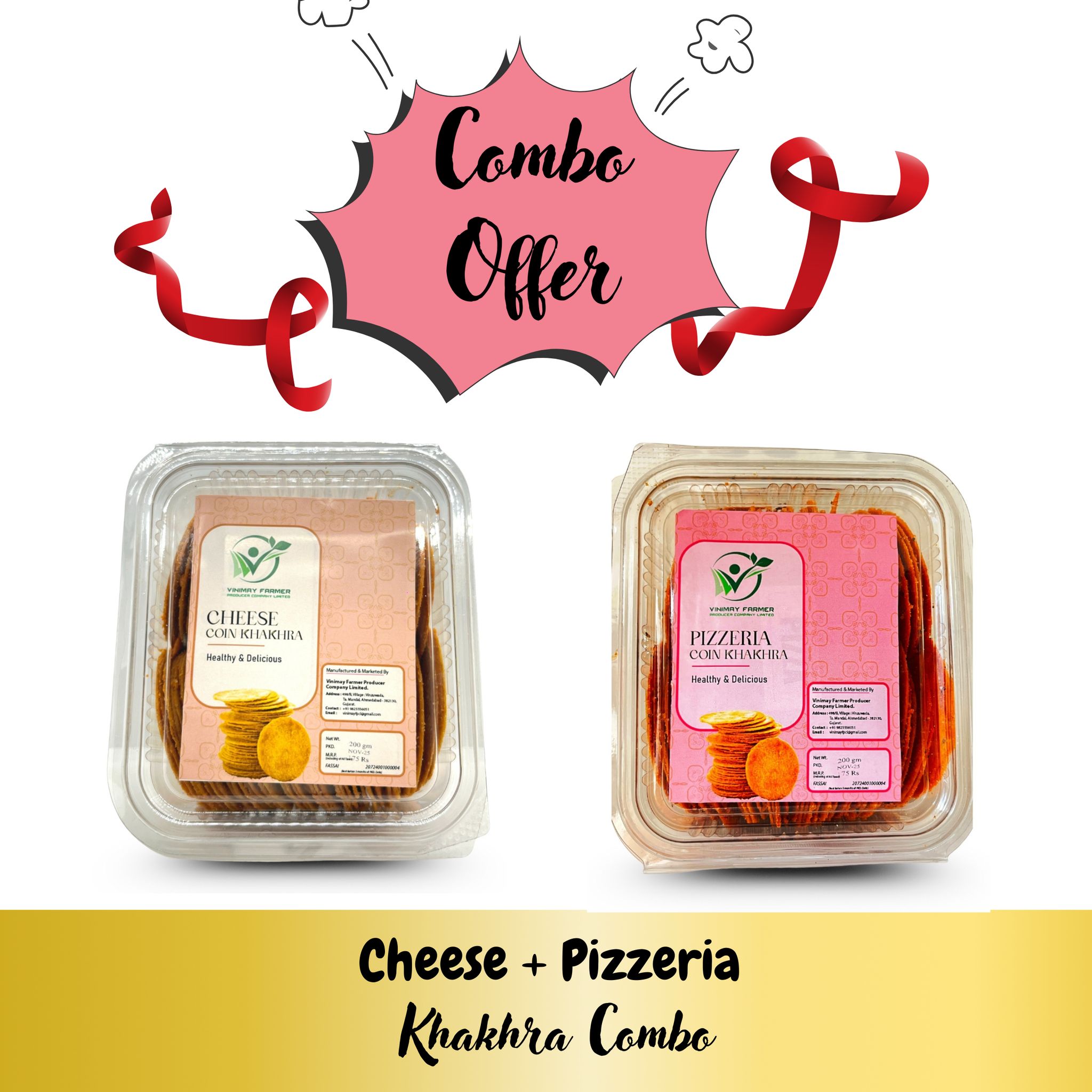 Pizzeria Coin Khakhra & Vinimay Cheese Coin Khakhra Combo (200g + 200g) | Ready to Eat Whole Wheat Snack 