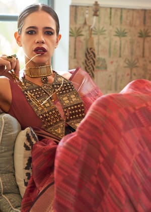 Carmine Red Woven Dual Tone Organza Silk Saree