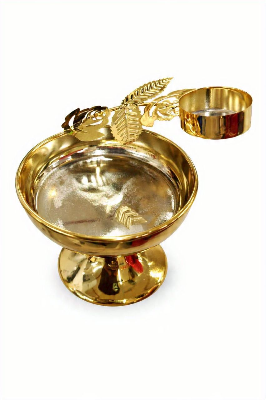 Golden Pooja Thali with Diya Holder and Decorative Leaves, Traditional Metal Prayer Plate