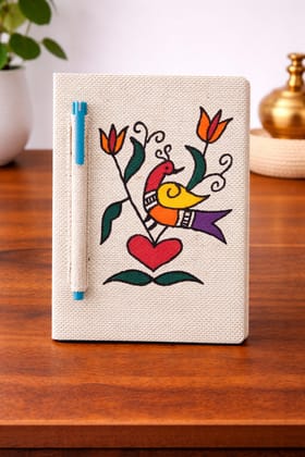 Hand-Painted Jute Diary with Pen Holder - Eco-Friendly Folk Art Journal