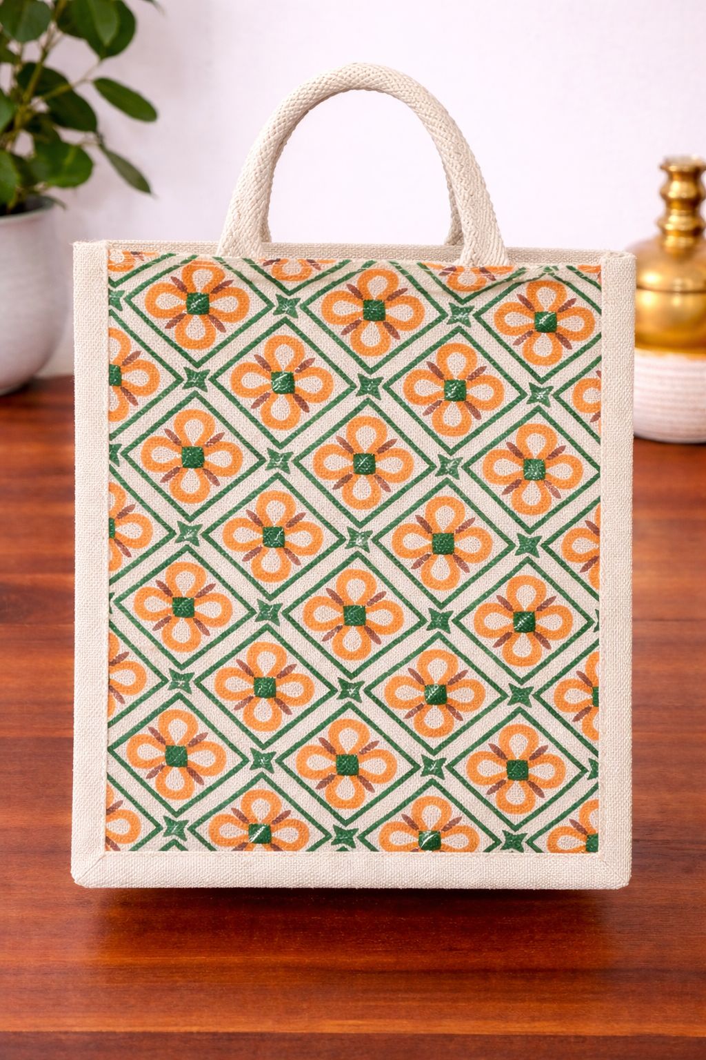 Eco-Friendly Jute Handbag with Geometric Floral Design
