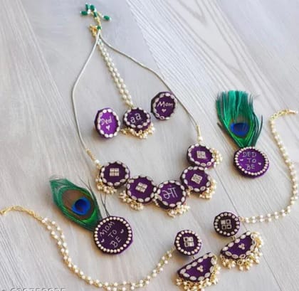 Personalized Purple Beaded & Pearl Jewellery Set with Peacock Feathers for New Parents