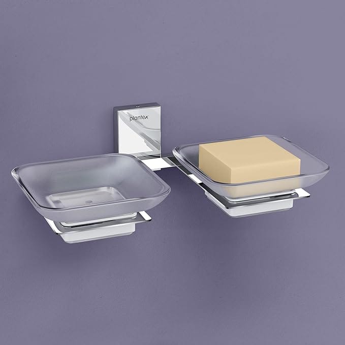 Plantex 304 Grade Stainless Steel and Frosted Glass Double Soap Dish