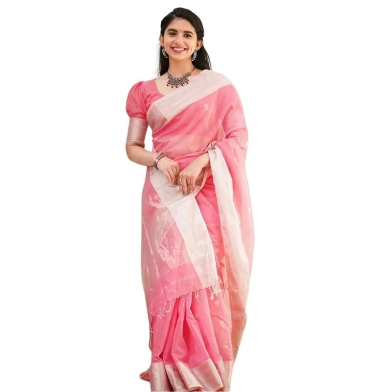 Women's Cotton Printed Saree With Unstitched Blouse 5.5Mtr (Pink)-PID60236