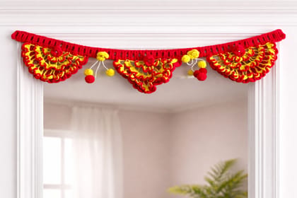 Vibrant Red & Yellow Crocheted Toran with Pom-Pom and Bead Embellishments