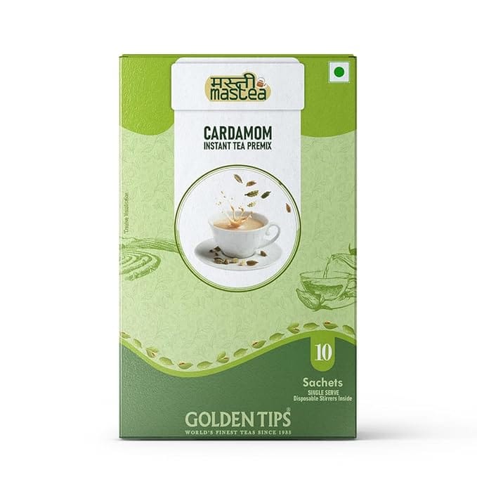Golden Tips All-in-1 Instant Premix Cardamom Tea, 14g Per Serve, Quick & Easy To Make Elaichi Chai, 10 Sachets