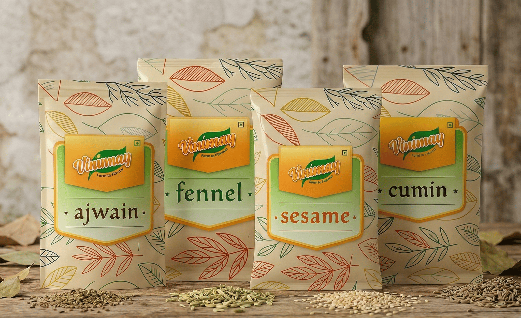 Vinimay Premium 4-Spice Combo Pack – Cumin, Ajwain, Fennel & Sesame (250g Each) | Authentic Indian Spices | Farm-Fresh Aroma & Health Benefits