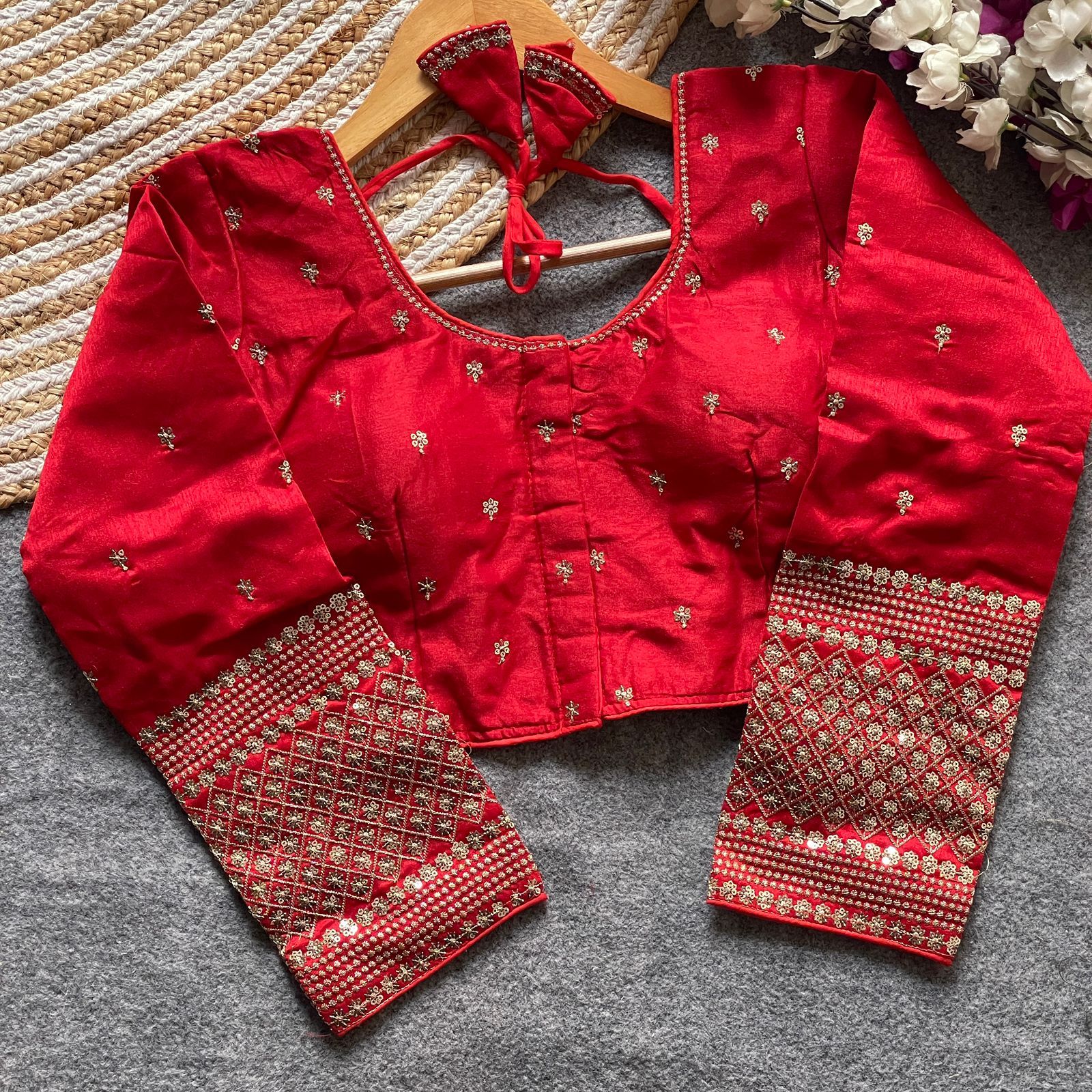 Red Art Silk Blouse with Golden Embroidery and Sequin Work Full Sleeve