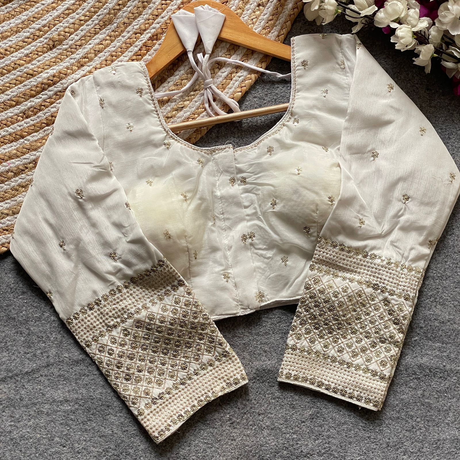 Elegant White Silk Blouse with Golden Embroidered Full Sleeves