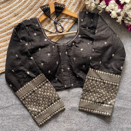 Black Semi-Stitched Silk Blouse with Golden Embroidery and Sequin Work Black Semi-Stitched Silk Blouse with Golden Embroidery and Sequin Work