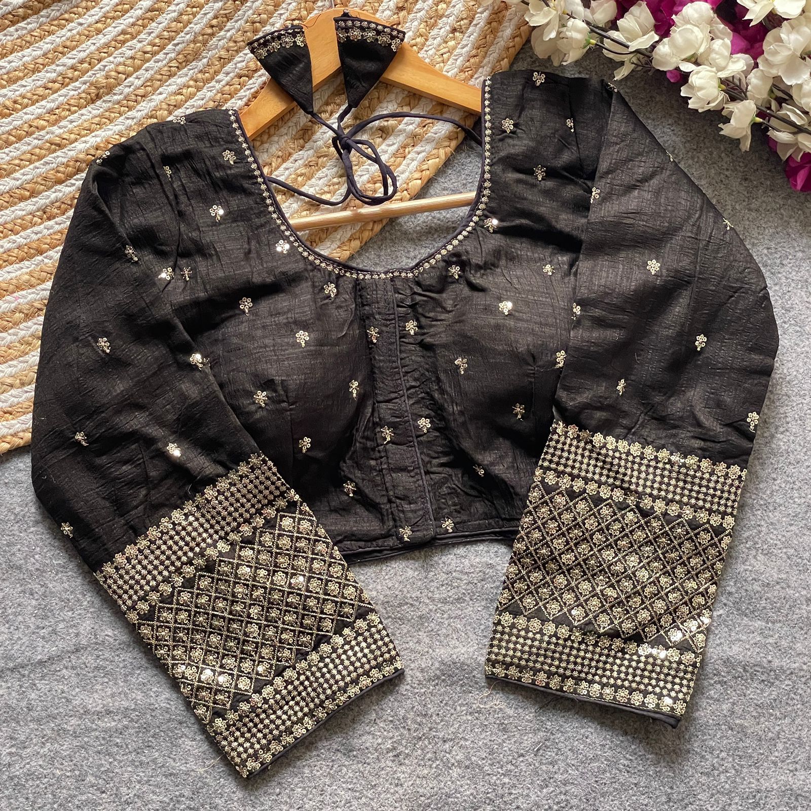 Black Semi-Stitched Silk Blouse with Golden Embroidery and Sequin Work