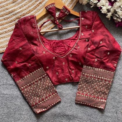 Maroon Art Silk Blouse with Golden Embroidery and Sequin Work Full Sleeve Maroon Art Silk Blouse with Golden Embroidery and Sequin Work Full Sleeve