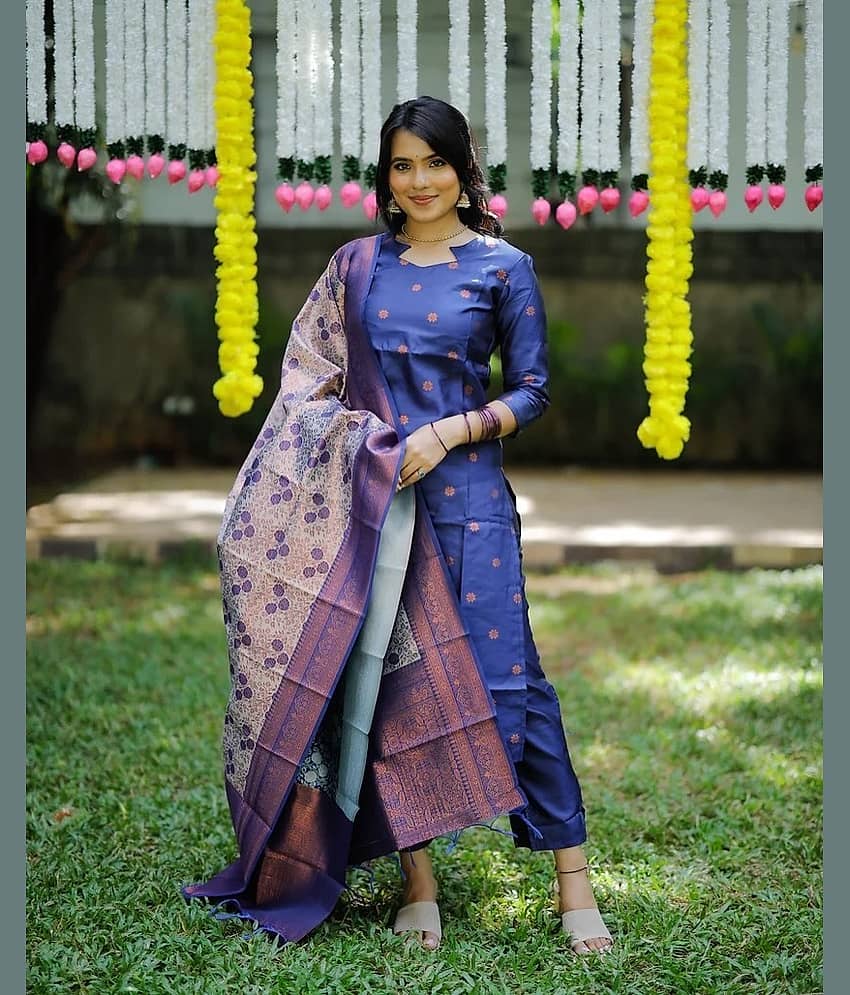 Trijal Fab Cotton Silk Solid Kurti With Pants Women's Stitched Salwar Suit - Blue ( Pack of 1 )