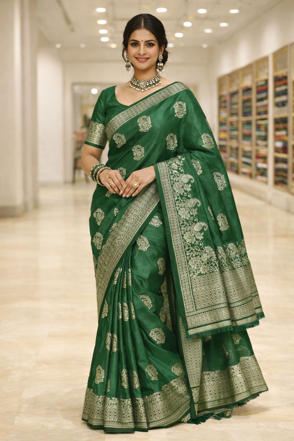 Bottle Green Banarasi Silk Saree with Gold Zari Weave