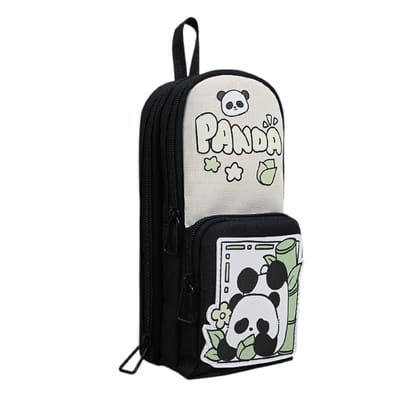 KTRS Enterprise 6 Layer with 3 Compartment Premium Canvas Pencil Pouch for School Girls and Boys, Cute Aesthetic Stationery Items Kit Case, Large Capacity Stationary Pencil Box Black Pnda