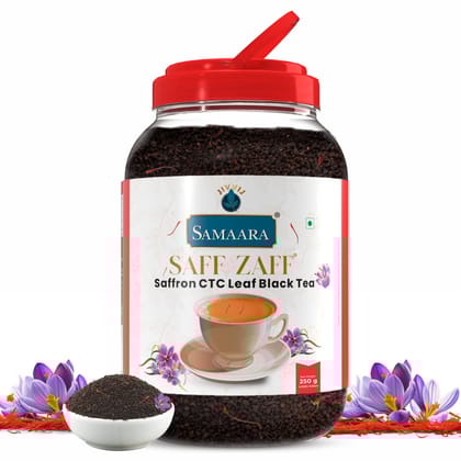 JIVVIJ SAMAARA Saffron Tea 250gm | Flavoured CTC Assam Black Leaf Tea | Kesar Chai Patti Powder | Saff Zaff Jar