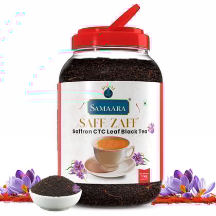 JIVVIJ SAMAARA Saffron Tea 1kg | Flavoured CTC Assam Black Leaf Tea | Kesar Chai Patti Powder | Saff Zaff Jar