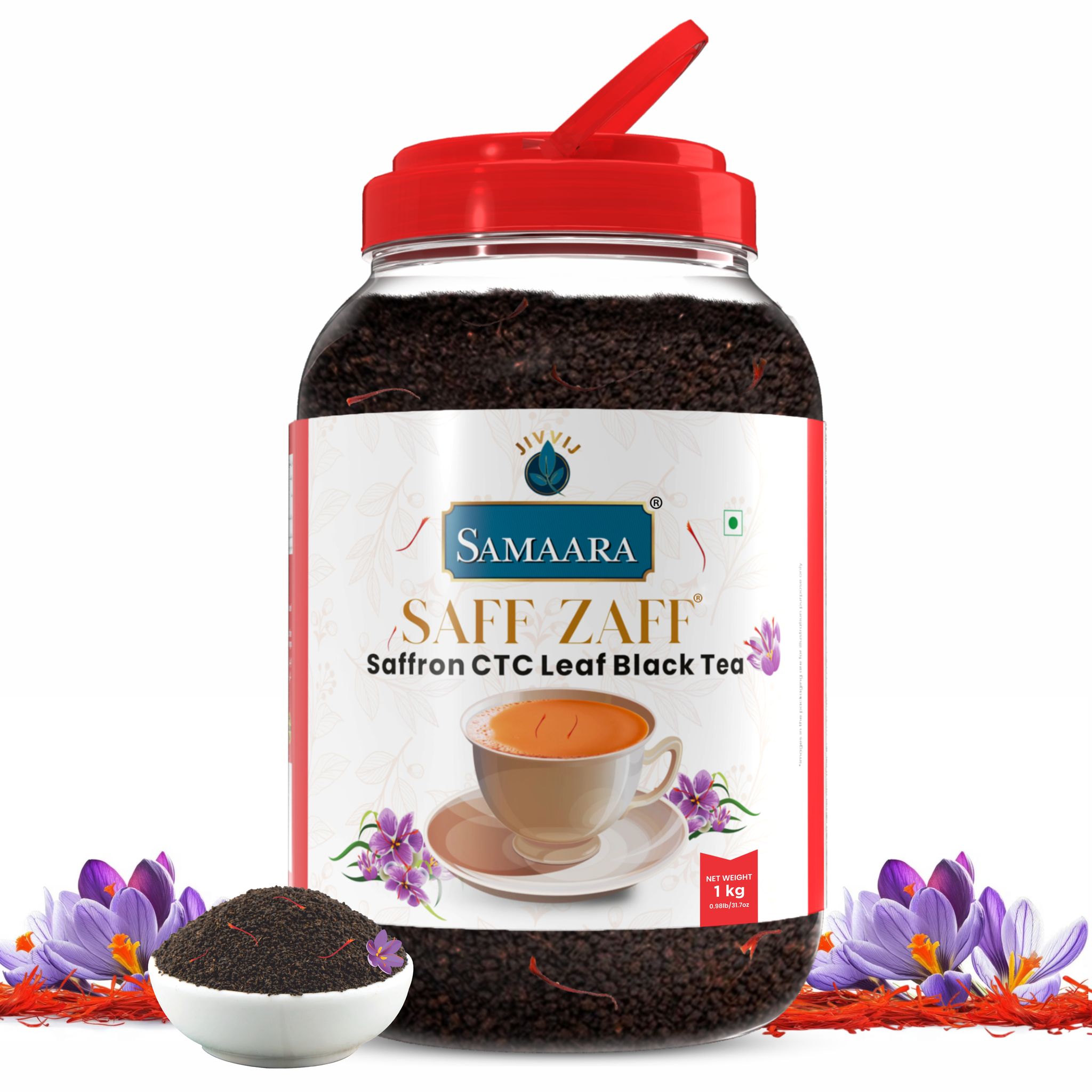 JIVVIJ SAMAARA Saffron Tea 1kg | Flavoured CTC Assam Black Leaf Tea | Kesar Chai Patti Powder | Saff Zaff Jar