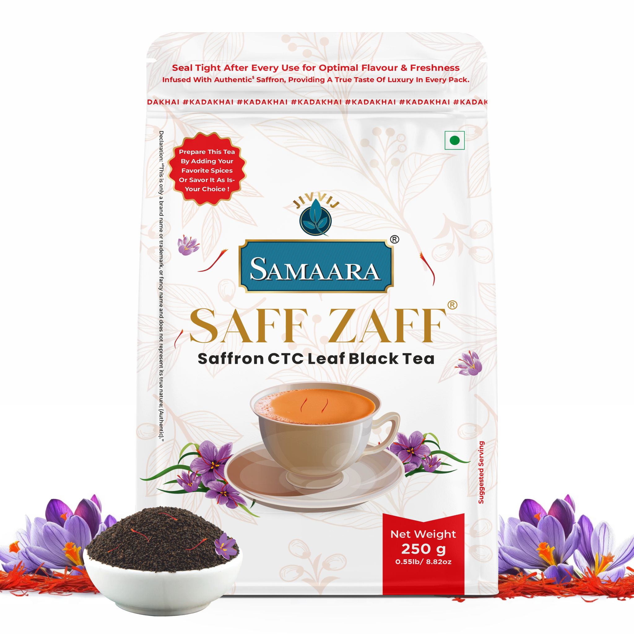 JIVVIJ SAMAARA Saffron Tea 250gm | Flavoured CTC Assam Black Leaf Tea | Kesar Chai Patti Powder | Saff Zaff Pouch