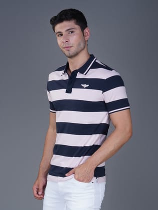 Men's Stripe Polo T-shirt Navy-Pink