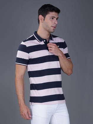 Men's Stripe Polo T-shirt Navy-Pink