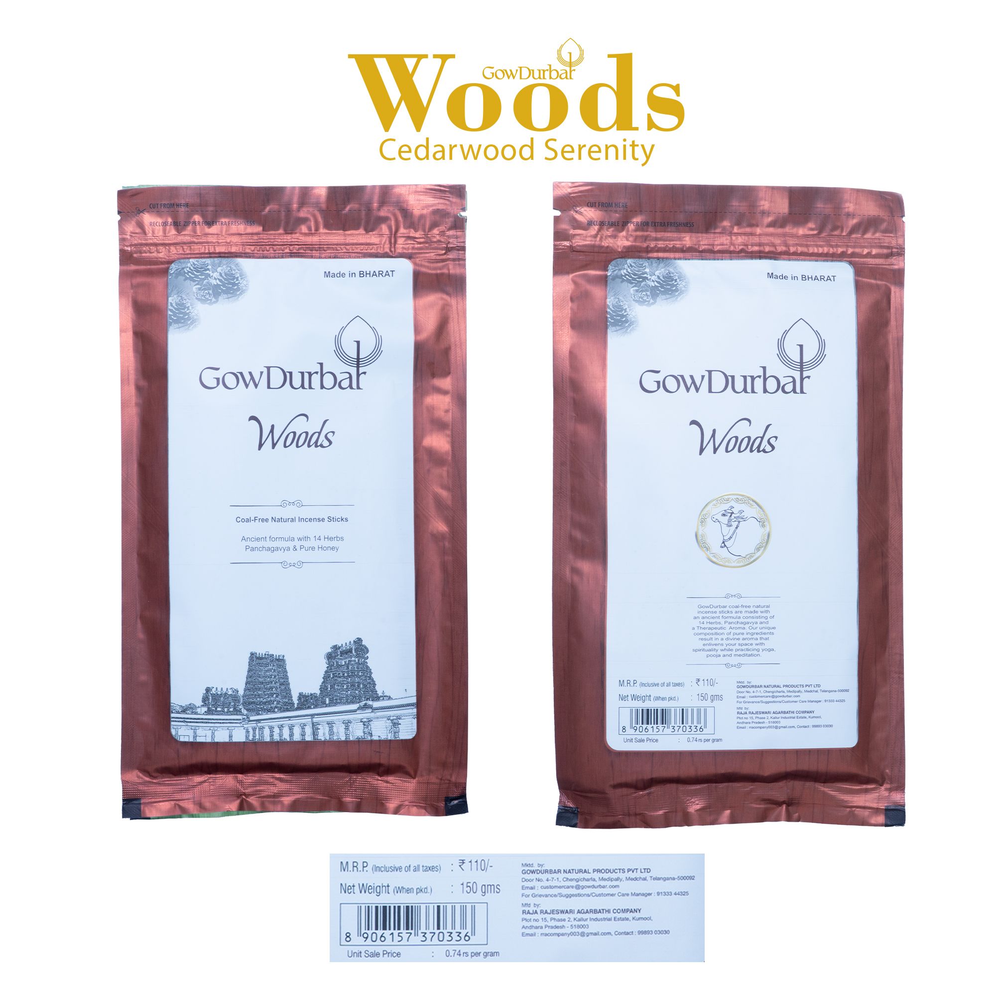 GowDurbar Zipper Agarbatti – Woods Soothing Fragrance – 150g [Pack of 2] | 100% Organic Incense Sticks for Pooja, Yoga & Meditation | Ancient Formula for a Pure & Pleasant Environment
