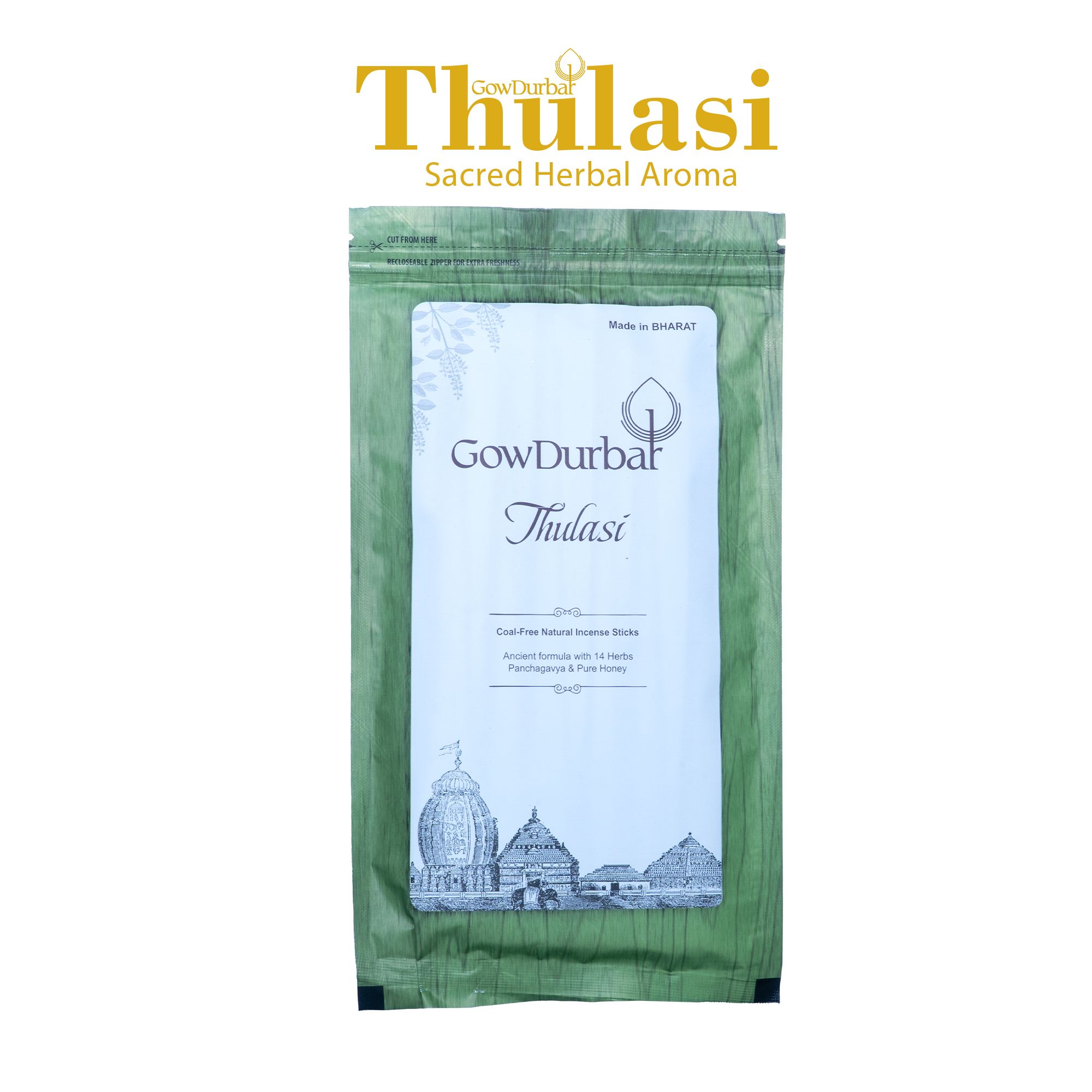 GowDurbar Zipper Agarbatti – Thulasi Fragrance – 150g [Pack of 2] | 100% Organic Incense Sticks for Pooja, Yoga & Meditation | Ancient Formula for a Pure & Pleasant Environment