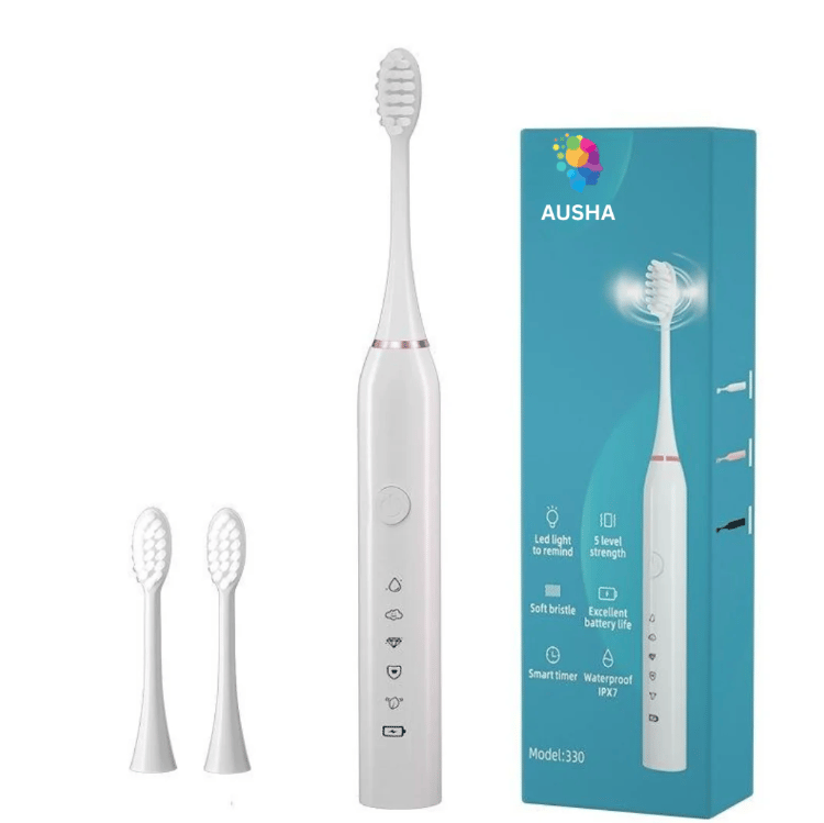AUSHA Sonic Electric Toothbrush – White Edition | 3 Brush Heads, 38,000 VPM Deep Clean, 5 Modes | 2-Min Timer, 60-Day Battery, USB Charging, Waterproof IPX7